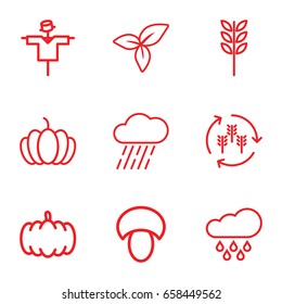 Autumn icons set. set of 9 autumn outline icons such as harvest, mushroom, pumpkin, scarecrow, rain, leaf