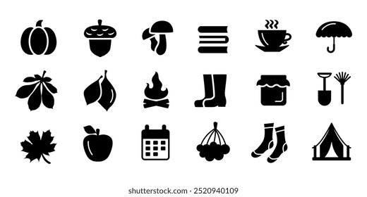 Autumn icons set. Black vector icons isolated on white background.