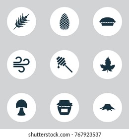 Autumn icons set with champignon, leaf, jar and other grain elements. Isolated vector illustration autumn icons.