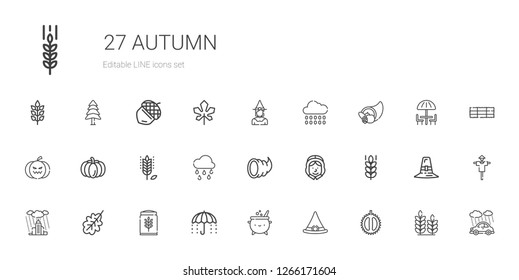 autumn icons set. Collection of autumn with chestnut, witch hat, cauldron, umbrella, wheat, oak leaf, rain, pilgrim, cornucopia, raining, pumpkin. Editable and scalable autumn icons.