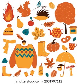 Autumn icons set: cute yellow and orange falling leaves, fruits, forest animals, clothes, mushrooms, pumpkin. The elements are suitable for scrapbook, postcard, poster, invitation, sticker set. Vector