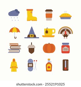 Autumn icons set. Doodle vector autumn related illustrations: rain, pumpkin coffee and pie, turkey, raincoat, umbrella, acorn, maple syrup, yarn, witch hat, jam, books.