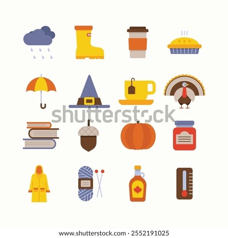 Autumn icons set. Doodle vector autumn related illustrations: rain, pumpkin coffee and pie, turkey, raincoat, umbrella, acorn, maple syrup, yarn, witch hat, jam, books.