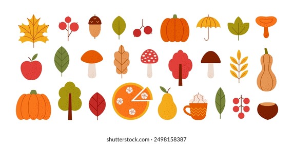 Conjunto de iconos de otoño. Elementos de otoño para el diseño de vacaciones. Estilo geométrico minimalista. Hojas de otoño, setas, arce, bellotas, pastel, bayas, roble, calabazas. Tiempo de cosecha. Ilustración plana de Vector.