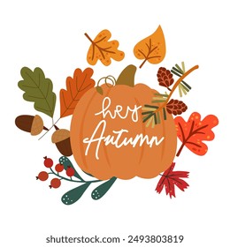 Autumn icons set. Fall season autumn. Season elements perfect for cards, posters, invitations and stickers. Wreath of autumn leaves and pumpkin. Hello autumn inscription