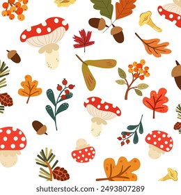 Autumn icons set. Fall season autumn. Autumn cozy pattern with yellow leaves, acorns, mushrooms, amanita, sea buckthorn and cones. Symbol of autumn. Floral background