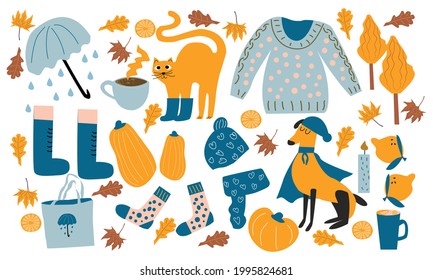 Autumn Icons Set: Falling Leaves, Pumpkins, Sweater, Cute Cat, Dog, Candles And Other. Fall Season Elements Perfect For Scrapbook, Card, Poster, Invitation, Sticker Kit. Vector Illustration