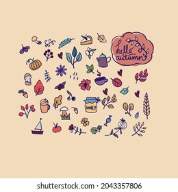 Autumn icons set: falling leaves, pumpkins, floral wreath, and other. Fall season elements perfect for scrapbook, card, poster, invitation, sticker kit. Vector illustration