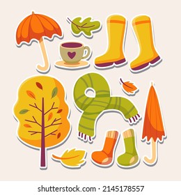 Autumn icons set: falling leaves, umbrella. Fall season elements perfect for scrapbook, card, poster, invitation, sticker kit. Vector illustration.