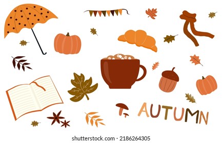 Autumn icons set: falling leaves, pumpkins, cup of coffee, book and other. Fall season elements perfect for scrapbook, card, poster, invitation, sticker kit. vector illustration