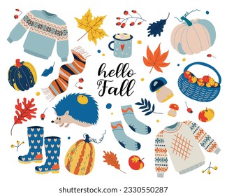 Conjunto de iconos de otoño: hojas caídas, calabazas, suéter, capucha linda, botas, canasta de manzanas y más. Elementos de la temporada de otoño adecuados para el libro de recortes, postales, carteles