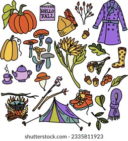 Autumn icons set: falling leaves, pumpkins, moshrooms. Fall season elements perfect for scrapbook, card, poster, invitation, sticker kit. Vector illustration