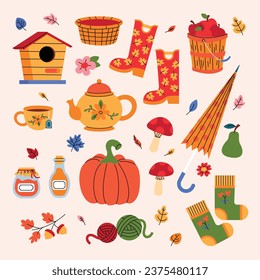 Autumn icons set: falling leaves, pumpkins, sweater, cute fox, floral wreath, candles and other. Fall season elements perfect for scrapbook, card, poster, invitation, sticker kit. Vector illustration