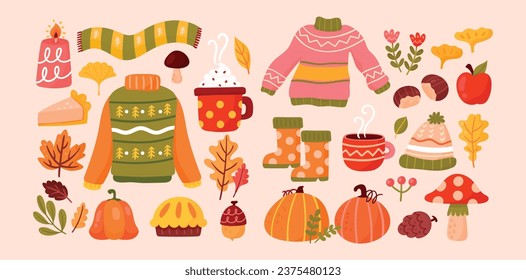 Autumn icons set: falling leaves, pumpkins, sweater, cute fox, floral wreath, candles and other. Fall season elements perfect for scrapbook, card, poster, invitation, sticker kit. Vector illustration
