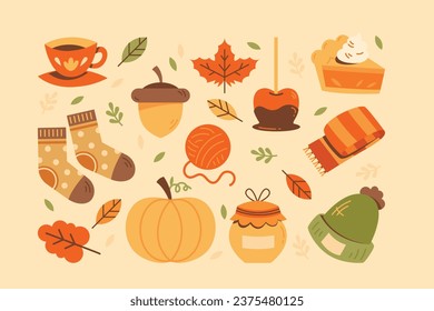 Autumn icons set: falling leaves, pumpkins, sweater, cute fox, floral wreath, candles and other. Fall season elements perfect for scrapbook, card, poster, invitation, sticker kit. Vector illustration