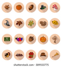 Autumn icons set in flat design with long shadow. Illustration EPS10