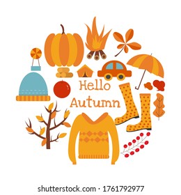 Autumn icons set. Hello autumn decoration. Vector illustration.