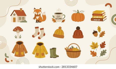 Autumn icons set with house, fox, mug, pumpkin, books, mushroom, socks, hat, sweater, coat, boots, basket, leaves Vector, illustration