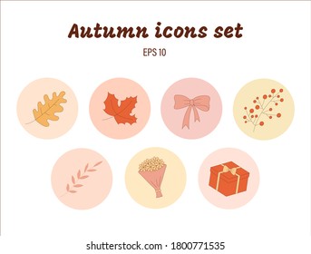 Icônes d'automne avec feuille de chêne, feuille d'érable, rangée avec ruban, fraise, sorbe, brunch, palmier, bouquet de fleurs, fleurs de marguerite, coffret cadeau, illustration vectorielle isolée présente. Jeu de logos de Flat Design.App