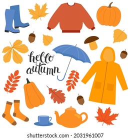 Autumn icons set. Raincoat, sweater, falling leaves, umbrella, pumpkins, teapot, cup of tea. Fall season elements. Isolated vector illustration 