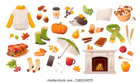 Autumn icons set: sweater, falling leaves, cozy food, candles, book, pumpkin, fireplace, plaid. Autumn postcard. Cartoon vector illustration.