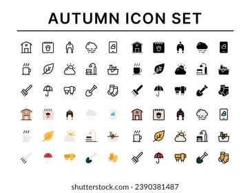 Autumn icons set, Set of weather, barm, calendar, fog, cloudy, hot drink, fog, and more