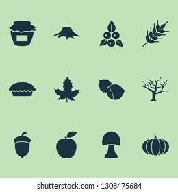 Autumn icons set with wheat, jam, mushroom and other tree elements. Isolated vector illustration autumn icons.