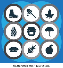 Autumn icons set with wheat, pine cone, umbrella and other cedar elements. Isolated vector illustration autumn icons.