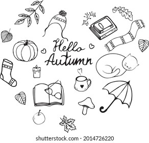 Autumn icons set:falling leaves, pumpkin, candle, mug, book, glasses, knitted socks, cute cat and other. Fall season elements great for scrapbook, card, poster, sticker kit. Vector illustration