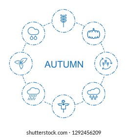 autumn icons. Trendy 8 autumn icons. Contain icons such as wheat, scarecrow, pumpkin, rain, leaf, harvest. autumn icon for web and mobile.