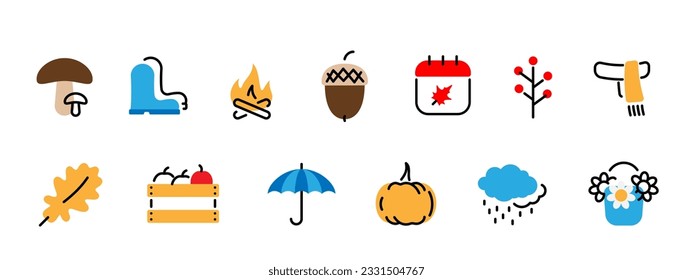 Autumn icons in trendy color and line style. Outline icons set. Fall elements umbrella, pumpkin, acorn, mushrooms, leaves, rain, jam, honey