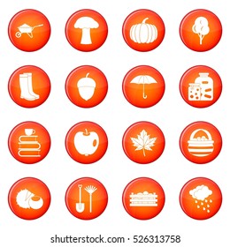 Autumn icons vector set of red circles isolated on white background