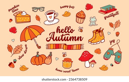 Autumn icons vector set. Scrapbook collection of autumn season elements.
Autumn greeting card