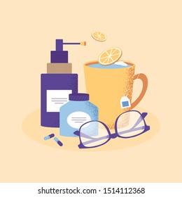 Autumn illness season design. Cold and sick, virus and health, flu infection, fever disease, sickness and temperature concept. Tea, pills and glasses. Vector illustration