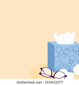 Autumn illness season design. Cold and sick, virus and health, flu infection, fever disease, sickness and temperature concept. Napkin box and glasses. Vector illustration. Flu Season