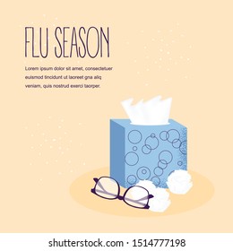 Autumn illness season design. Cold and sick, virus and health, flu infection, fever disease, sickness and temperature concept. Tea, napkin box and glasses. Vector illustration with words Flu Season