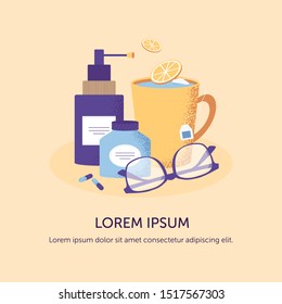 Autumn illness season design concept. Cold and sick, virus and health, flu infection, fever disease, sickness and temperature background. Tea,lemon, pills and glasses. Vector illustration