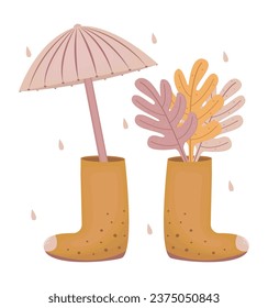 Autumn illustration of boots with fall colorful leaves and umbrella, color atmospheric vector in boho style