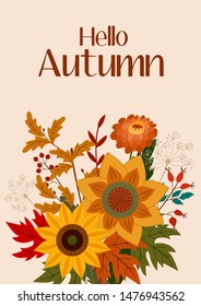 Autumn illustration with a bouquet of flowers. Vector flat design for card, poster, banner. Beautiful template.