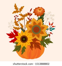 Autumn illustration with a bouquet of flowers. Vector flat design for card, poster, banner. Beautiful template.