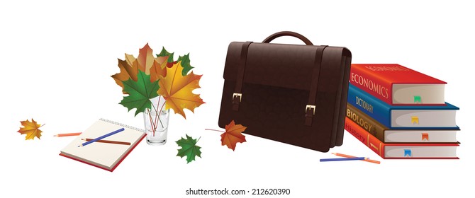 Autumn illustration. Illustration of a briefcase, a bouquet of leaves, pencils, notebooks and books.