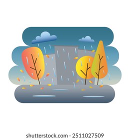 Ilustración de otoño con árboles brillantes que arrojan hojas bajo un cielo lluvioso. Las gotas de lluvia caen, reflejándose en el suelo húmedo, y un edificio gris en el fondo agrega un toque urbano a la atmósfera tranquila.