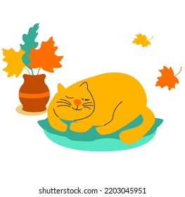  Autumn illustration with Cartoon cute  cat sleeping and  leaves. vector 