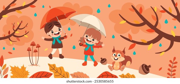 Autumn Illustration With Cartoon Kids