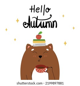 Ilustración de otoño con un gato, un gato bebiendo té, un gato sosteniendo una taza y leyendo un libro, ilustración de otoño calmada con un gato, hola otoño