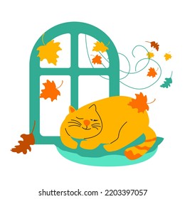Autumn illustration with cat and leaves.
Sleeping cat on the window.Vector