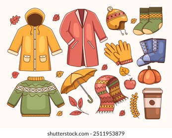 La Colección Otoño Ilustración presenta un abrigo impermeable con capucha amarillo acogedor, un abrigo rojo elegante, sombreros de punto cálido, calcetines de lana estampados, botas y otros accesorios. 