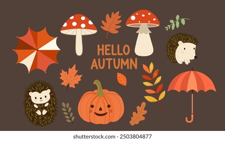 Autumn illustration collection with hedgehog, pumpkins, colorful leaves, mushrooms, and umbrella with the text Hello Autumn on a brown background
