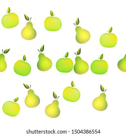 Autumn illustration with colorful pears and apples. Seamlees pattern with cute fruits  on white background. Food concept. Template design for invitation, poster, card, fabric, textile.