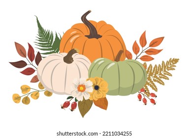 Autumn illustration with colorful pumpkins, flowers and forest leaves. Isolated on white background. Seasonal harvest design for greeting or poster.